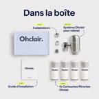 Dans la boîte : système Ohclair, 3 adaptateurs, 4 cartouches